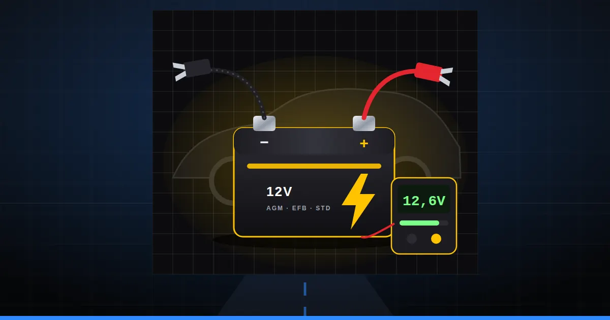 Illustration d'une batterie automobile 12V Start-Stop avec pinces et testeur de tension
