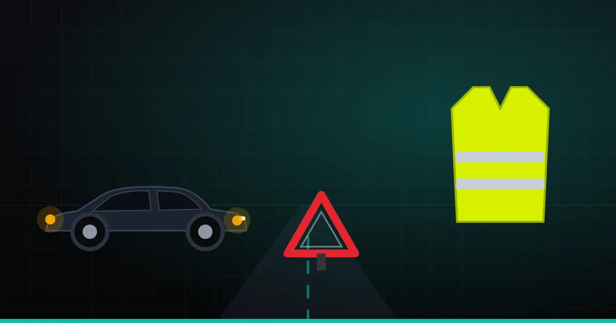 Illustration d'un gilet de sécurité jaune, d'un triangle de signalisation et d'une voiture feux de détresse allumés