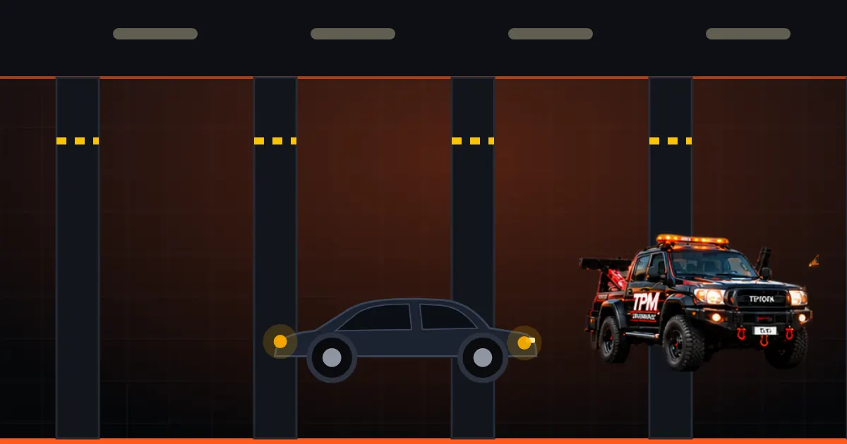 Illustration d'un parking souterrain avec une voiture en panne et une dépanneuse TPM