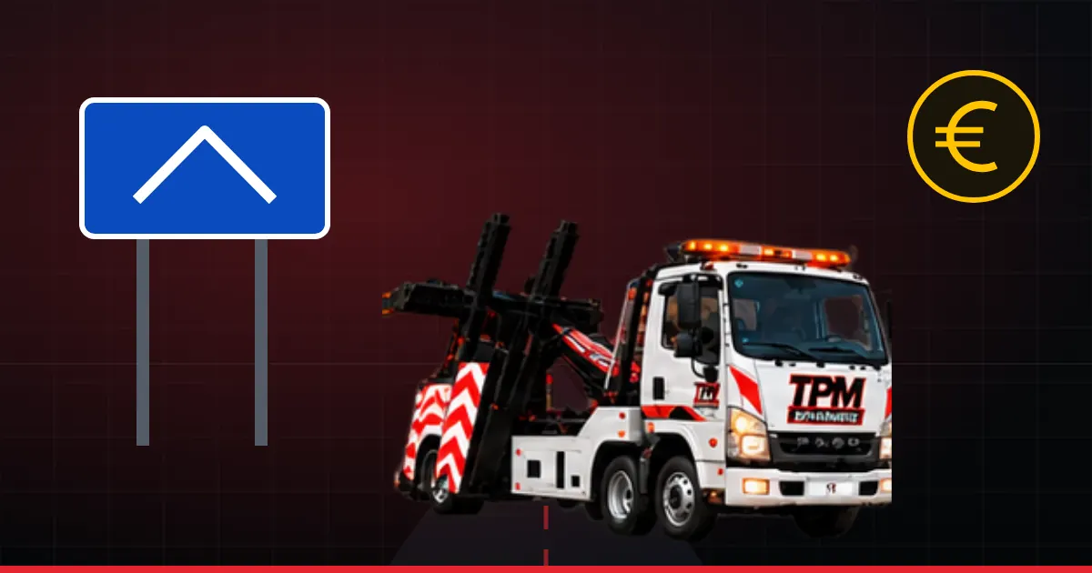 Illustration d'une dépanneuse TPM près d'un panneau d'autoroute, symbole du tarif réglementé