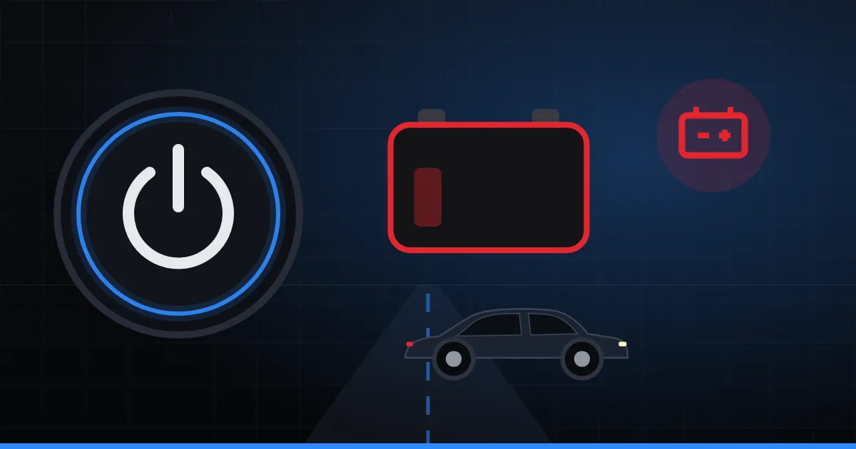Illustration d'un bouton de démarrage moteur, d'une batterie déchargée et du voyant batterie allumé