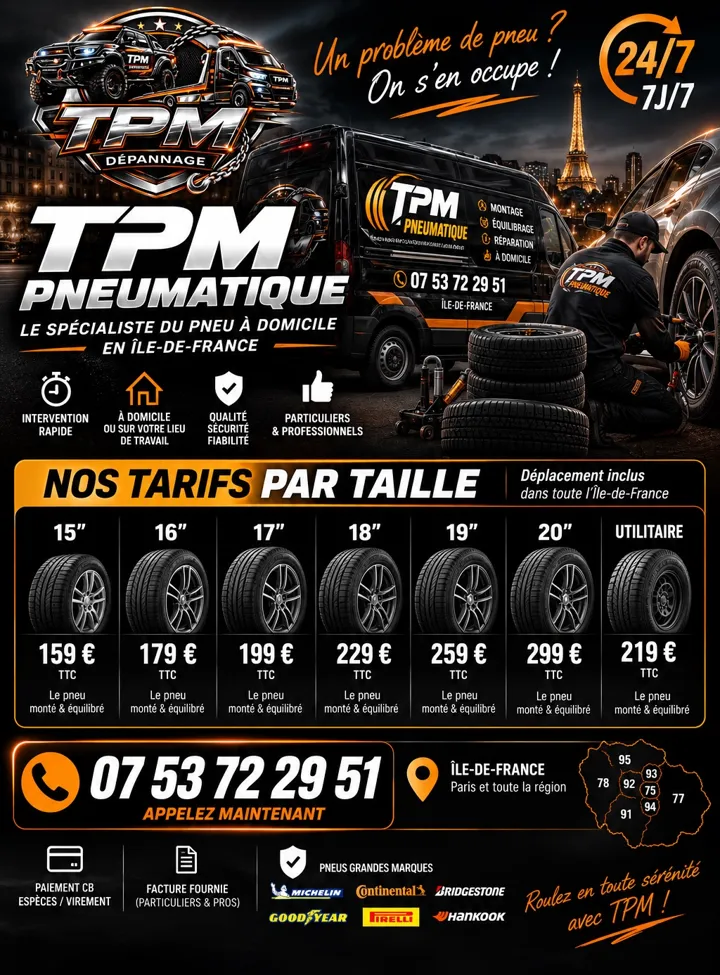 TPM Pneumatique - service de pneus à domicile en Île-de-France